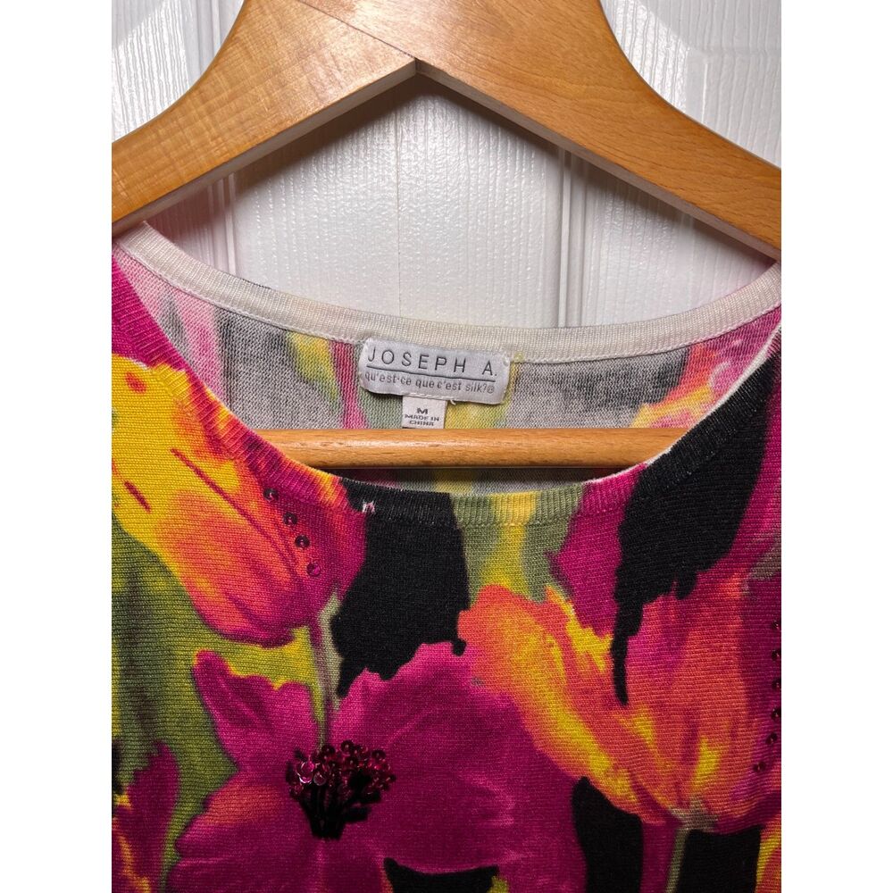 Joseph A Floral Knit Top Womens Medium Beaded Short Sleeve Sweater - Picture 2 of 4